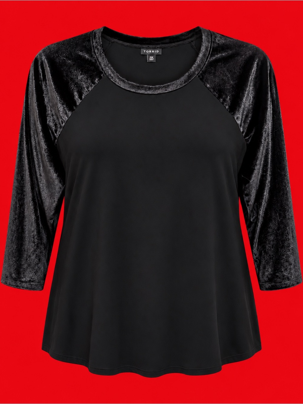 TORRID Black Velvet Shoulder’s Holiday Top Raglan 3/4 Sleeve Top🎁🎄~Size 00 M/L